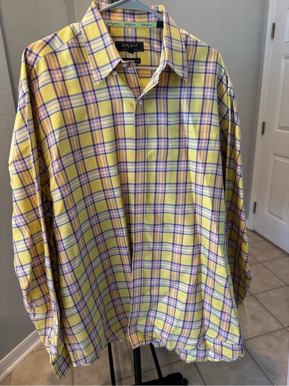 Bobby Jones Yellow Plaid Button-Down Shirt with Purple Accents XXL 17-17.5
